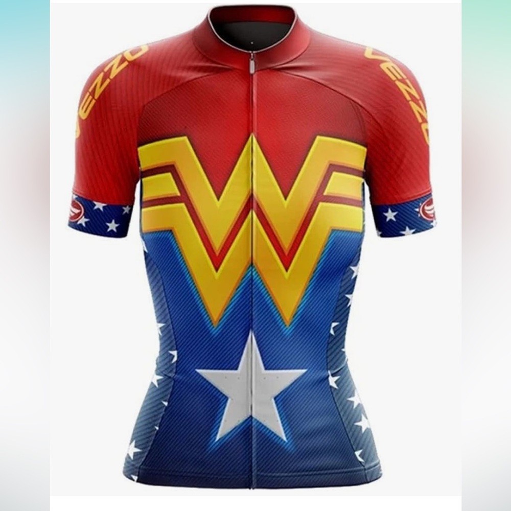 Women’s Red & Blue Superhero Graphic Cycling Jersey